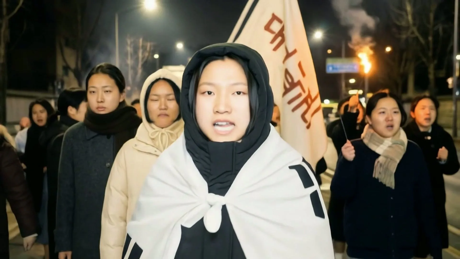 「노순경, 12월의 증언」의 한 장면 — 태극기를 두르고 오늘의 밤거리를 걸으며 만세를 외치는 노순경과 간호원들